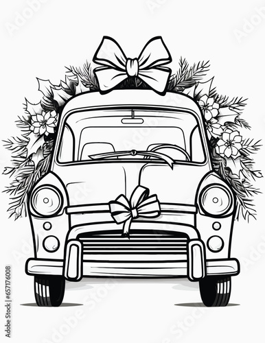 Christmas cute gift car coloring pages for kids and adult, Coloring book with vintage floral vector illustration, 