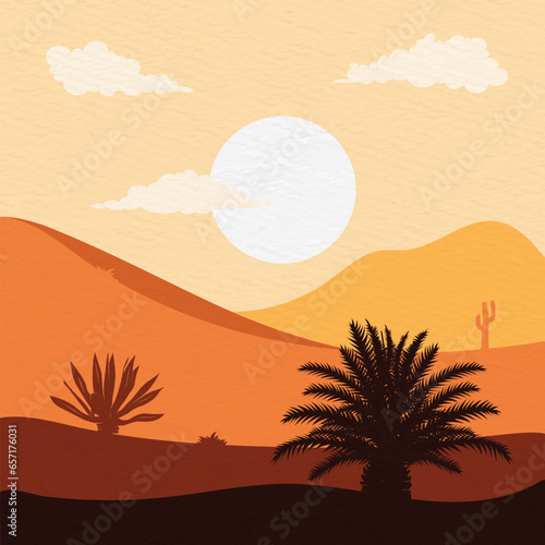 Background Landscape illustration of Desert with Desert plants, desert trees, cactus, coconut tree, palm, Century plant, Thompson yucca, prickly pear.