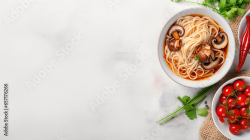 Traditional Chinese soup with noodles, mushrooms and vegetables, top view, copy space, photo