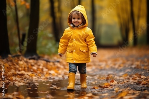 Little Caucasian boy wearing rain yellow boots, jumping and splashing in puddles as rain falls around him. The shot convey a strong summer vibe. Close-up view.