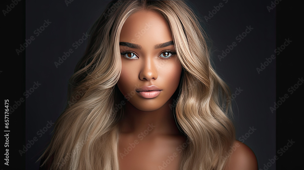 Fototapeta premium Beautiful African American woman with dyed and straight hair. Beauty of afro black girl with bob smooth hairstyle and toning. Keratin straightening. Treatment, care and spa procedures.