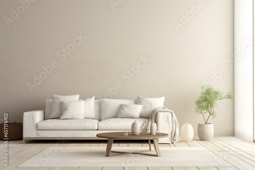 Living room with wall mockup and white sofa, featuring Scandinavian interior design. Generative AI