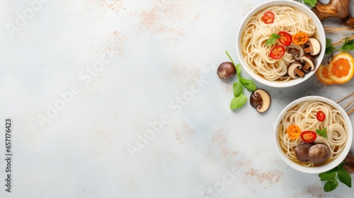 Traditional Chinese soup with noodles, mushrooms and vegetables, top view, copy space,