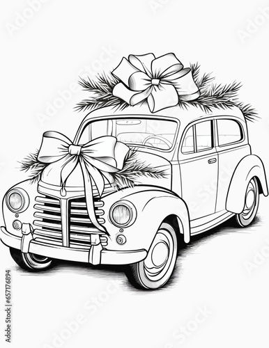 Christmas cute gift car coloring pages for kids and adult, Coloring book with vintage floral vector illustration, 