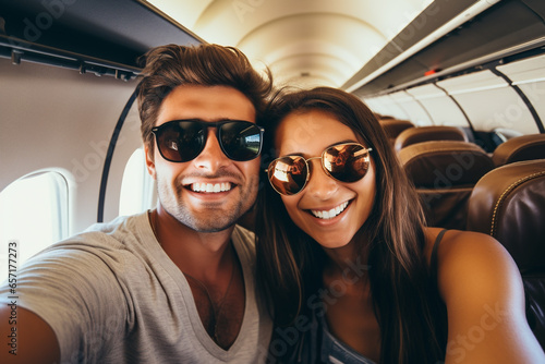 A couple taking a selfie inside the airplane