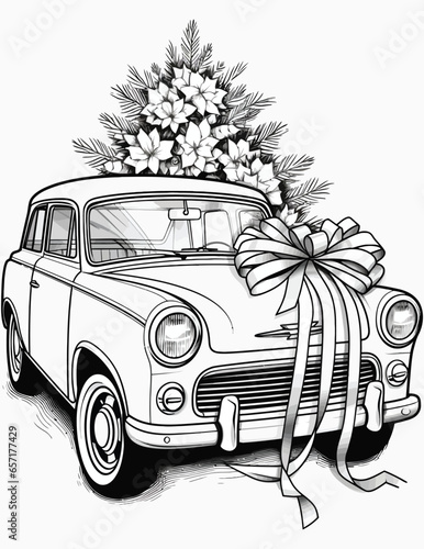 Christmas cute gift car coloring pages for kids and adult, Coloring book with vintage floral vector illustration, 