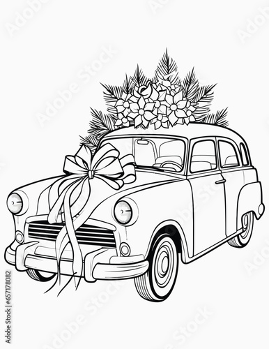 Christmas cute gift car coloring pages for kids and adult, Coloring book with vintage floral vector illustration, 