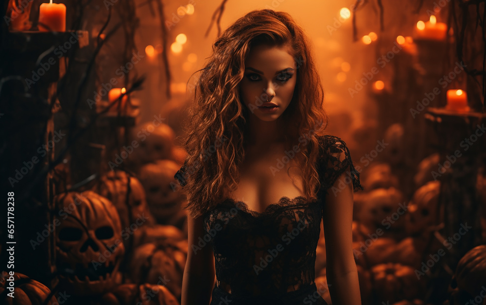 Fototapeta premium portrait of gothic woman on halloween background with skeletons and candles
