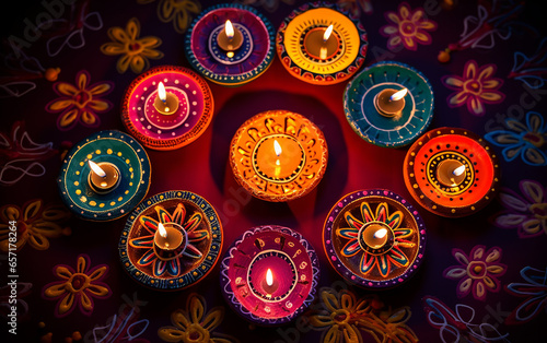 Diwali, Hindu festival of lights celebration. top view on Traditional oil lamps on flowers background