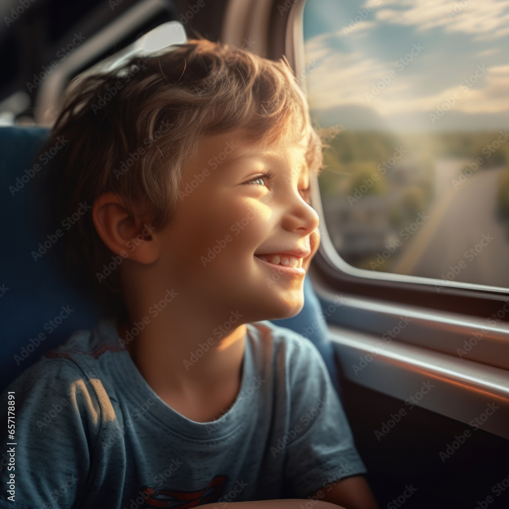 traveling in a train.Small boy leaning on window at train transportation.Concept