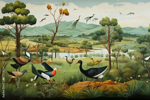 A group of birds on a green rural landscape during the season of renewal. Generative AI © Lando