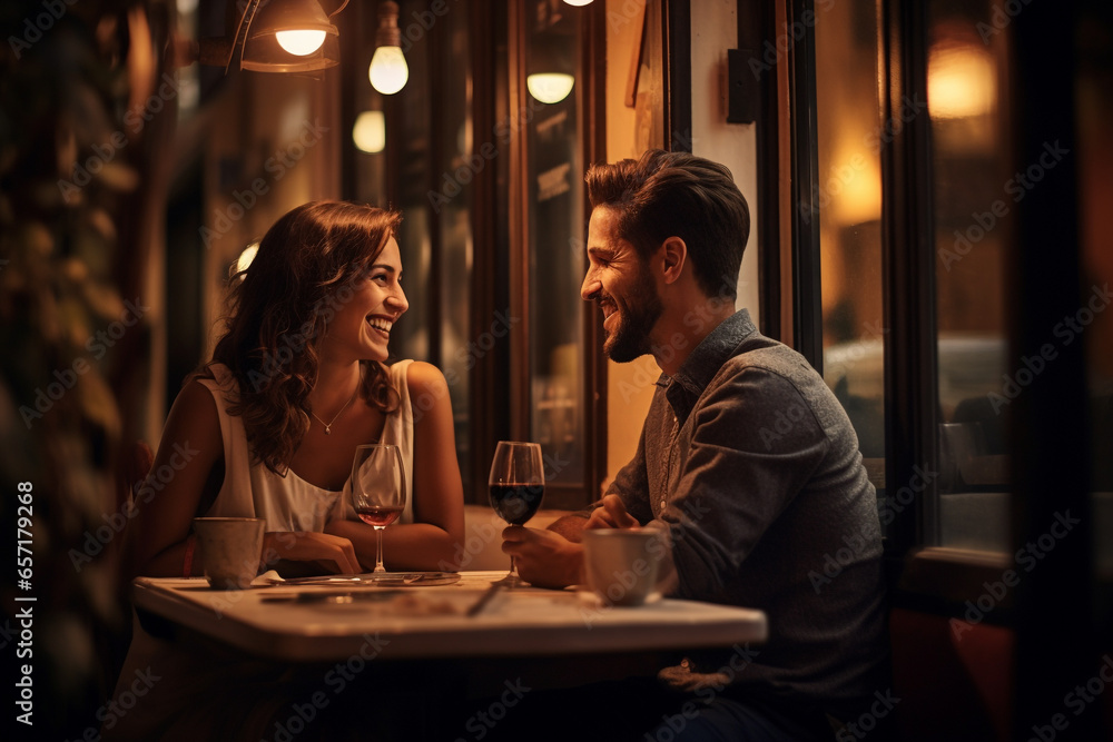 Lifestyles, relationship concept. Beautiful couple take dinner in cozy restaurant. Two young happy people spending time together. Generative AI