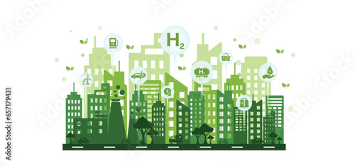 The concept of clean Hydrogen Energy with icons, changing the CO2 fuel cell to H2 switching to clean hydrogen energy with friendly and sustainable development for environment and alternative lifestyle