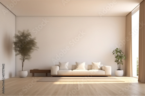 Luxury minimalist living room with large white plain wall, hyper realistic photo, beautiful light,