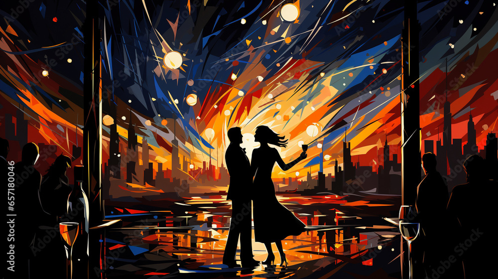 illustration of couple of silhouettes in front a night urban landscape - obrazy, fototapety, plakaty 
