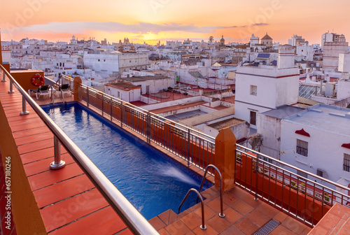Picturesque sunset over the rooftops of Spanish Cadiz.