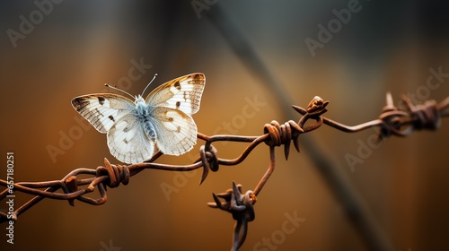 A white butterfly perched delicately atop the sharp twists of barbed wire. This juxtaposition of vulnerability and harshness speaks to the resilience and grace of in the face of adversity..