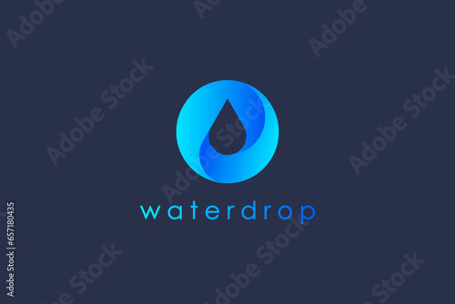 Water Logo. Negative Space Water Drop with Circle isolated on Blue Background. Flat Vector Logo Design Template Element Usable for Business, Science, Healthcare, Medical and Nature Logos.