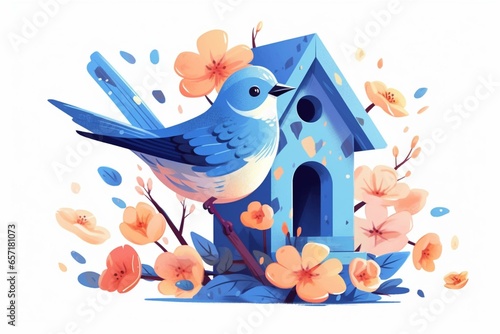 Fotomurale Illustration of a blue birdhouse with a bird, depicting spring vibes