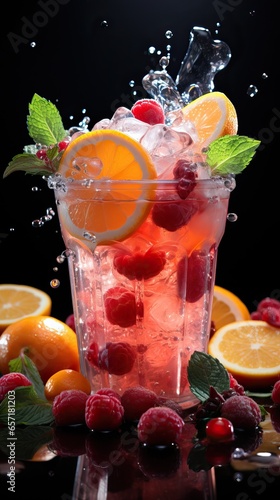 Fruit Mixed in a Plastic Cup with some Splashing Liquid inside. Many Vitamins and Refreshing.