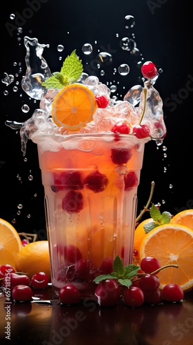 Fruit Mixed in a Plastic Cup with some Splashing Liquid inside. Many Vitamins and Refreshing.
