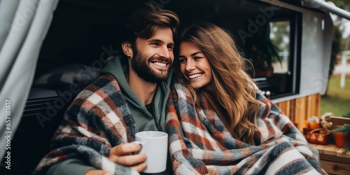 Young loving couple in a motorhome. They chat and drink morning coffee. Traveling as a couple is an excuse to escape from the hustle and bustle of the big city and be alone.