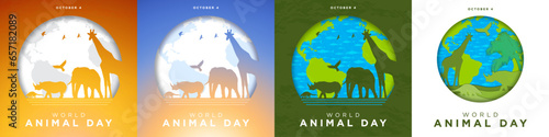 Set of minimal and paper art World Animal Dat Greeting Cards in different backgrounds. Sunset and sunrise gradient. Paper craft animals. Vector Illustration.