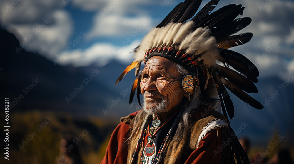 Portrait of an Adult in Traditional Indigenous Attire with a Headdress - obrazy, fototapety, plakaty 