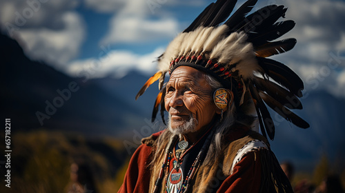 Portrait of an Adult in Traditional Indigenous Attire with a Headdress photo