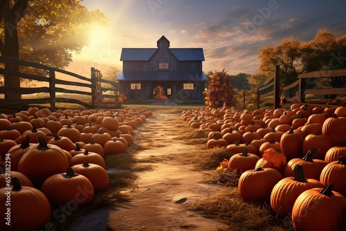 Farmhouse during Halloween Event. 31th October. Many Pumpkins arranged near the Farm durinig Sunset. photo