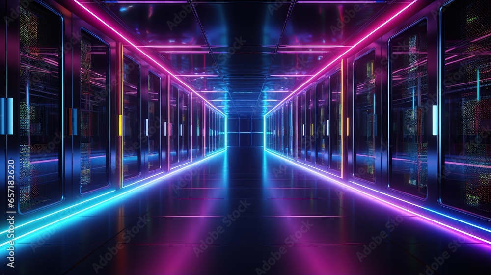 Generative AI, Data Center, modern high technology server room in neon colors. Modern telecommunications, cloud computing, artificial intelligence, database.	