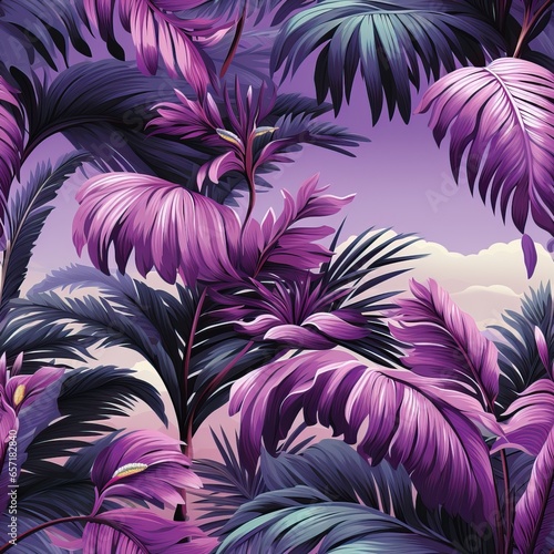 Pattern made of Palms color Purple and Pink. Seamless nd Tileable Texture. Exotic.