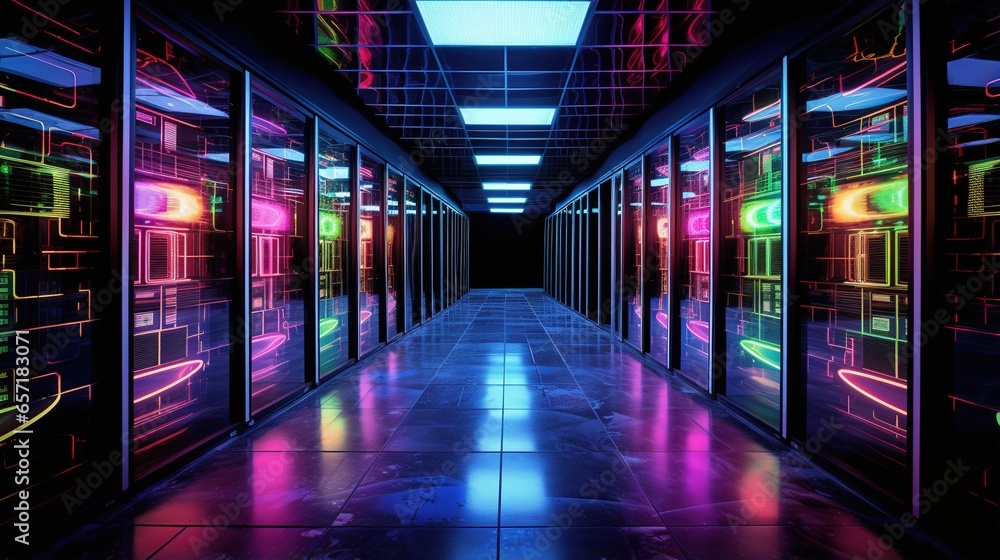 Generative AI, Data Center, modern high technology server room in neon colors. Modern telecommunications, cloud computing, artificial intelligence, database. Generative AI, Data Center, modern high technology server room in neon colors. Modern telecommunications, cloud computing, artificial intelligence, database.