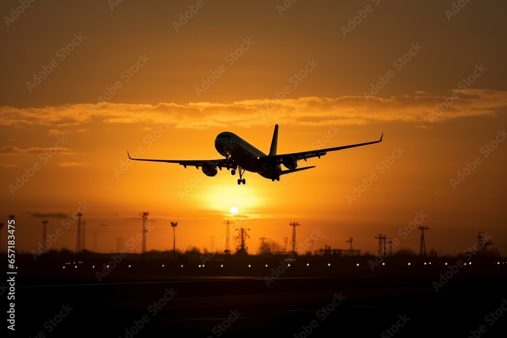 Airplane landing silhouette dawn. Generative AI