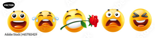 3d vector style design of funny set of emoji with tear, flower and smile for social media. Vector cool collection of illustration of happy fun yellow color emoticon with different emotion
