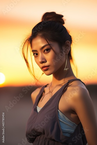 Asian Model looking at Camera during the Sunset. Dark Dress.