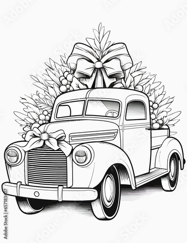 Christmas cute gift car coloring pages for kids and adult, Coloring book with vintage floral vector illustration, 