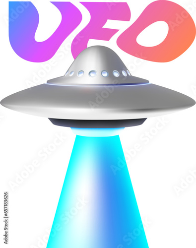 Vector illustration of silver color flying saucer with blue glow light and word ufo on white background. 3d style design of ufo with lighting and text