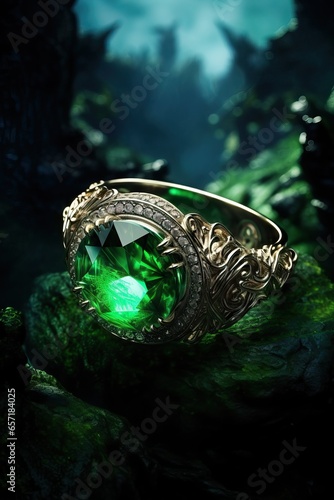 Emerald Ring over a Dark Background. Lot of Decorations and Ornaments. Expensive and Reflective Mineral.