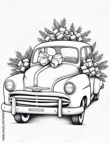 Christmas cute gift car coloring pages for kids and adult, Coloring book with vintage floral vector illustration, 