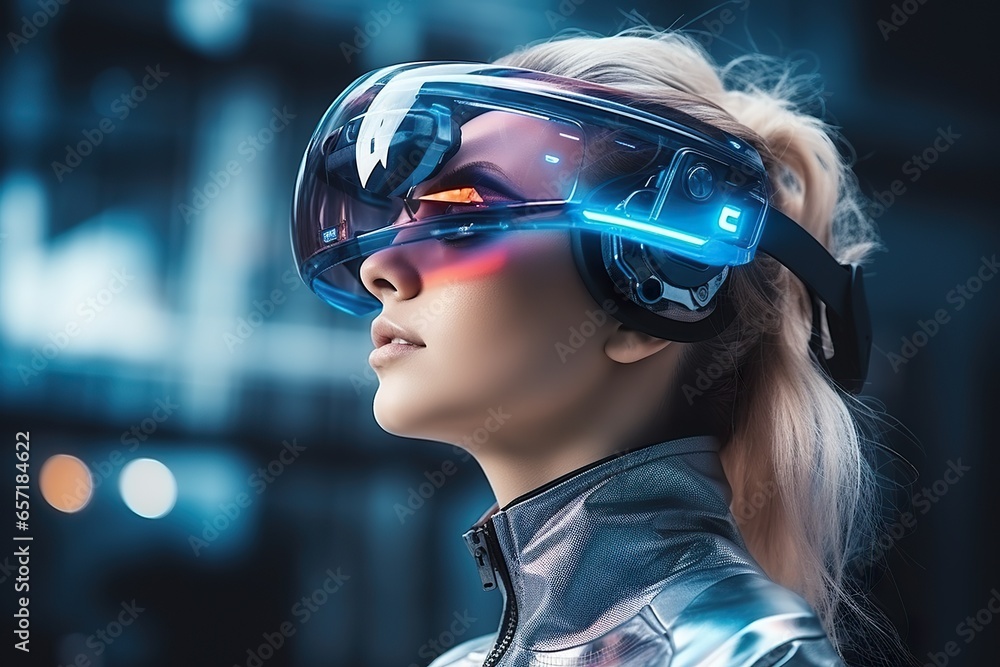 young female wearing futuristic glasses of virtual reality in blurred background young female wearing futuristic glasses of virtual reality in blurred background