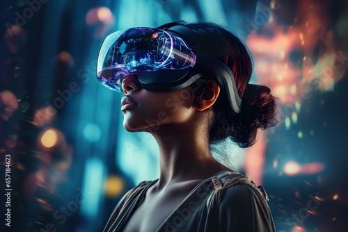 young female wearing futuristic glasses of virtual reality in blurred background