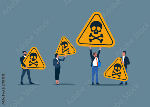 Business people holding with danger  signs. Teamwork and solving problem unity.  Vector illustration