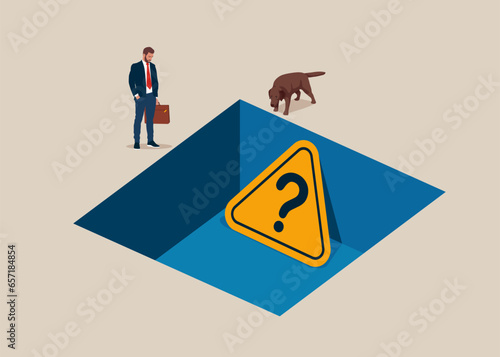 Human with dog watching a question mark sign sunk in the gap. Ask questions to get answer for solving problem.  Flat vector illustration.