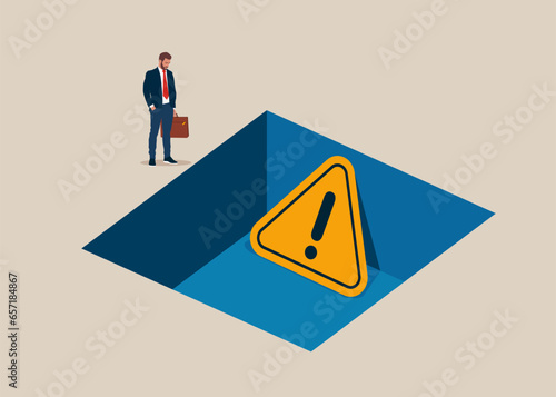Businessman watching a exclamation attention signs sunk in the gap. Flat vector illustration.