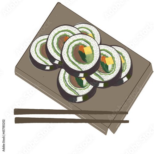 illustration of Korean food kimbab and chopsticks photo