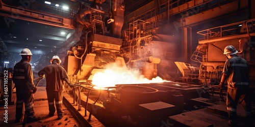 Heavy industry and steel production for all types of construction and mechanical engineering. A team of workers against the background of a blast furnace and the casting of molten metal.