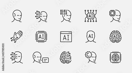 Artificial Intelligence, Cyber Implants, Robotics Vector Icon Set In Thin Line or Outline Style
