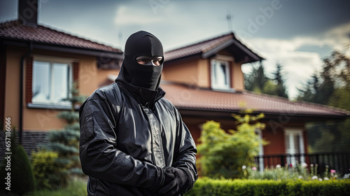 A burglar wearing black clothes and a black mask stands in front of a house