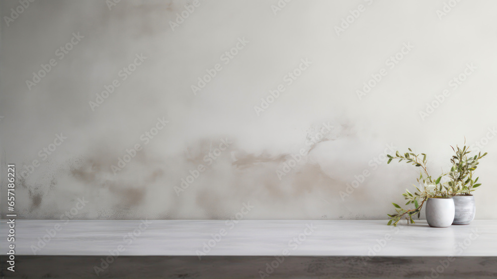 White marble table top with plant in vase on white wall background